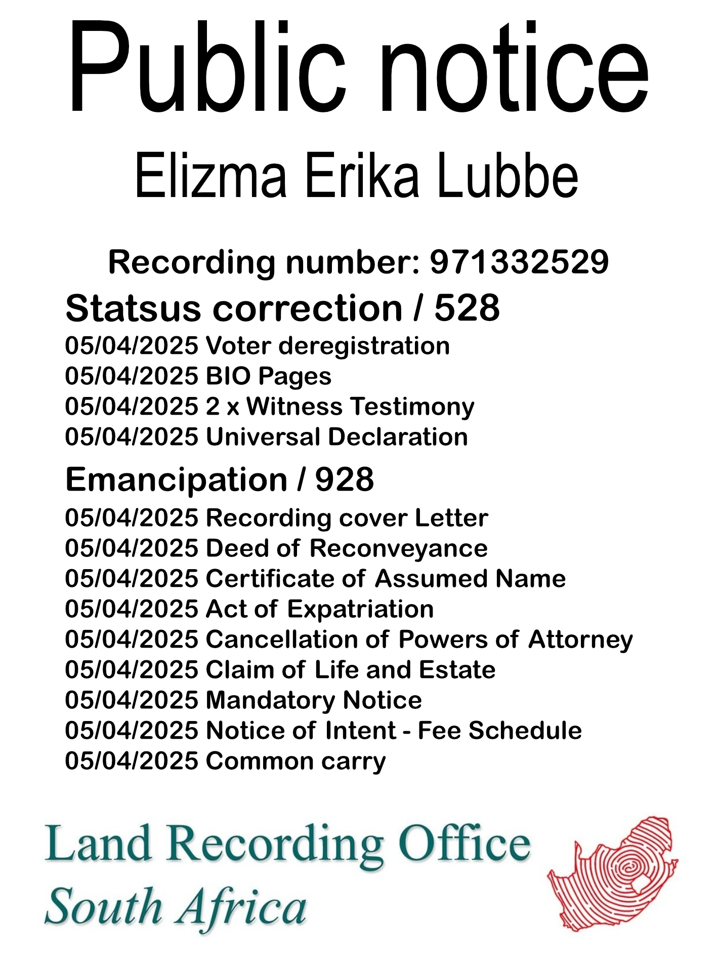 Public Notice Elizma Erika Lubbe (c) Recording number 971332529